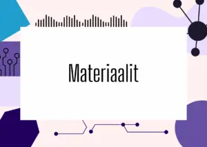 Graafinen kuva, jossa keskellä teksti 'Materiaalit'. Taustalla on vaaleanpunainen ja violetti abstrakti kuviointi sekä piirrosmainen piirilevyn ja solmupisteiden inspiroima design.