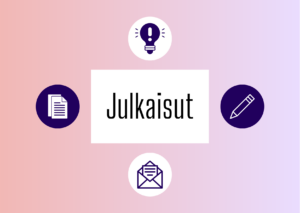 Graafinen kuva, jossa keskell&auml; teksti 'Julkaisut'. Reunoilla artikkeleiden, blogitekstien, oppimateriaalien ja uutiskirjeiden kuvakkeet.